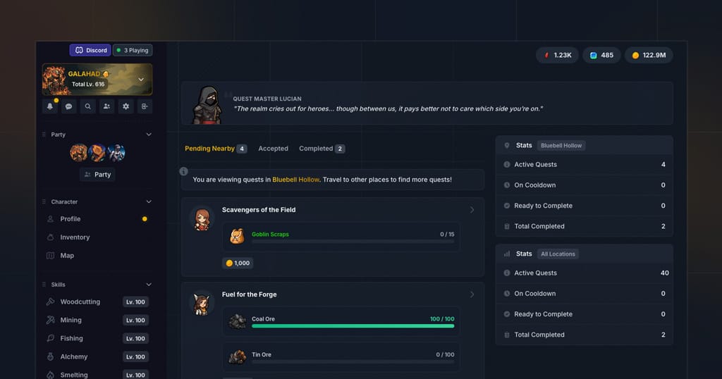 IdleMMO v0.55.0 Preview - Pets, Quests, Parties, Leagues, and more